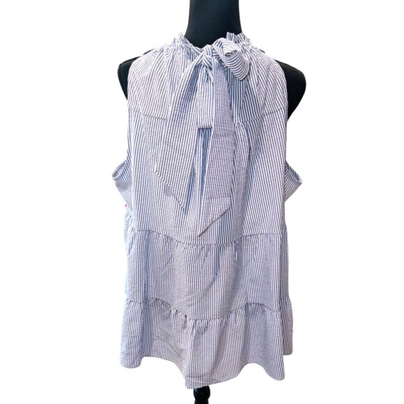 Savanna Jane Blue White Striped Sleeveless Top Embroidery Bow 1X Beach Resort - Picture 3 of 8